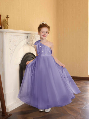 A-Line/Princess One-Shoulder Tulle Flower Girl Dresses with Pearls