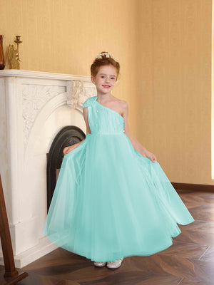 A-Line/Princess One-Shoulder Tulle Flower Girl Dresses with Pearls