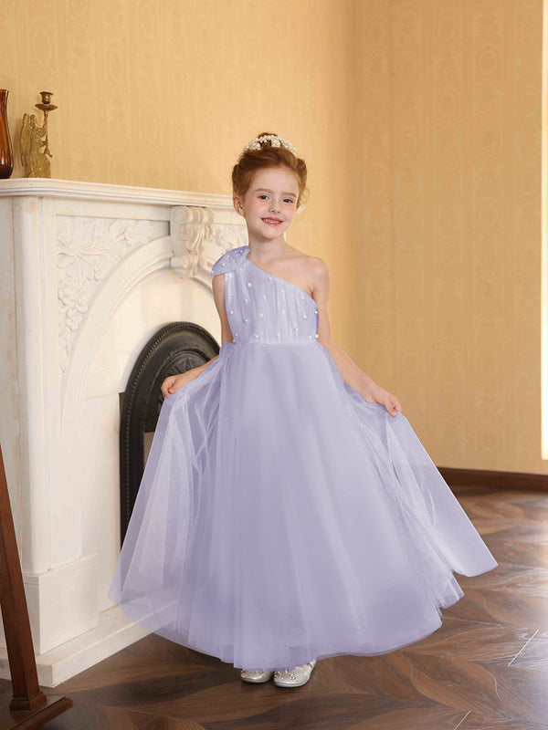 A-Line/Princess One-Shoulder Tulle Flower Girl Dresses with Pearls