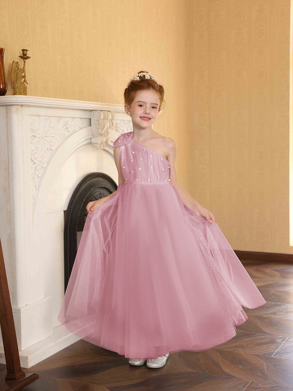 A-Line/Princess One-Shoulder Tulle Flower Girl Dresses with Pearls
