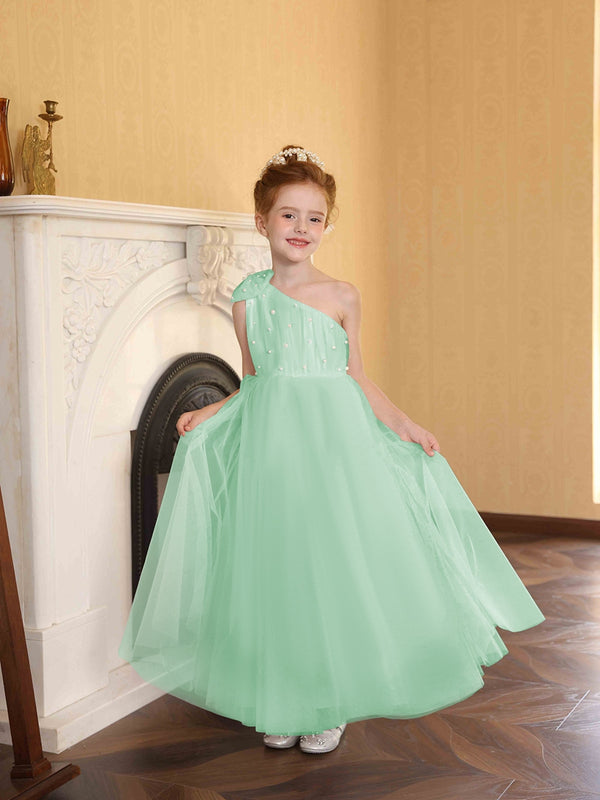 A-Line/Princess One-Shoulder Tulle Flower Girl Dresses with Pearls
