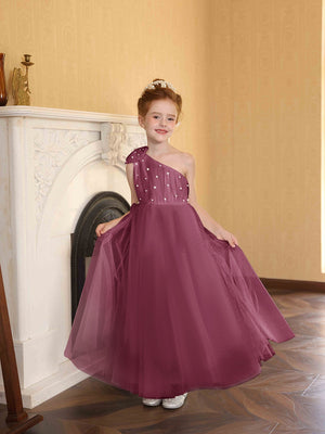 A-Line/Princess One-Shoulder Tulle Flower Girl Dresses with Pearls