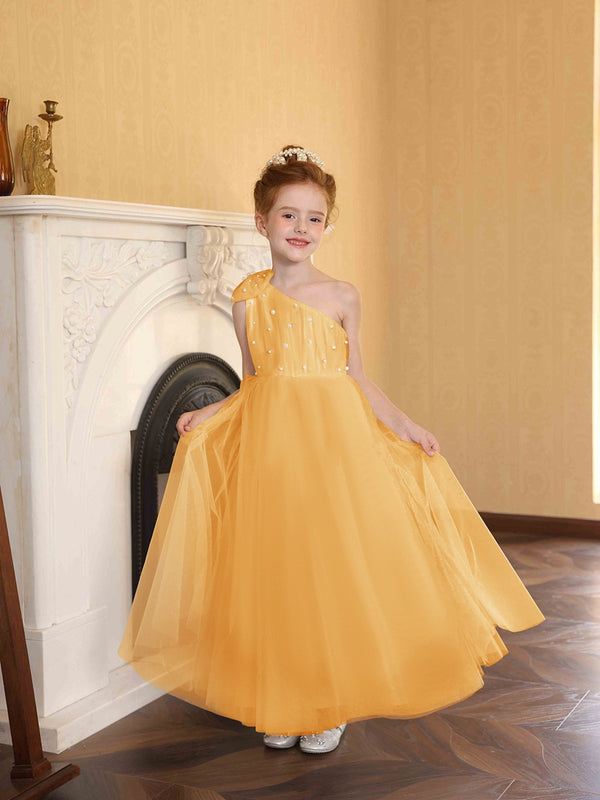A-Line/Princess One-Shoulder Tulle Flower Girl Dresses with Pearls