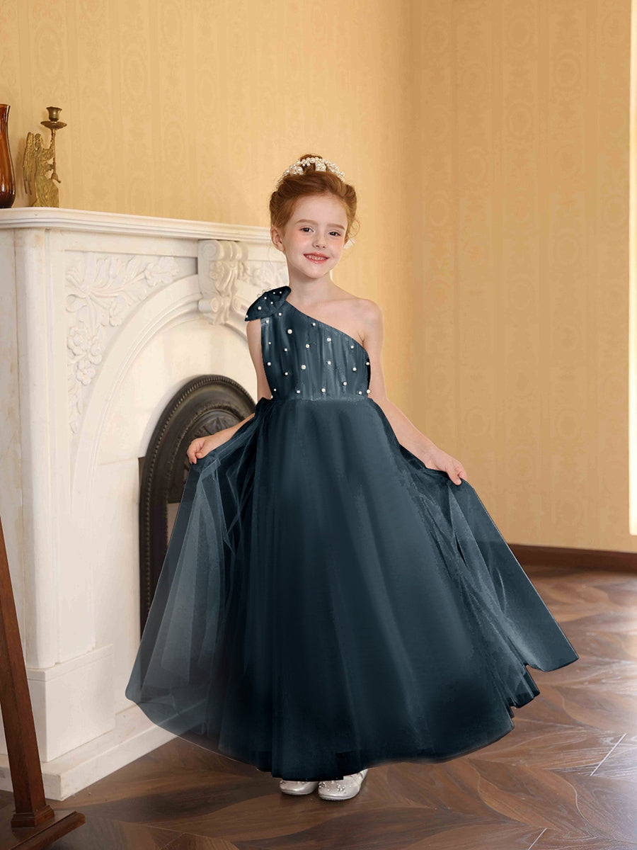 A-Line/Princess One-Shoulder Tulle Flower Girl Dresses with Pearls