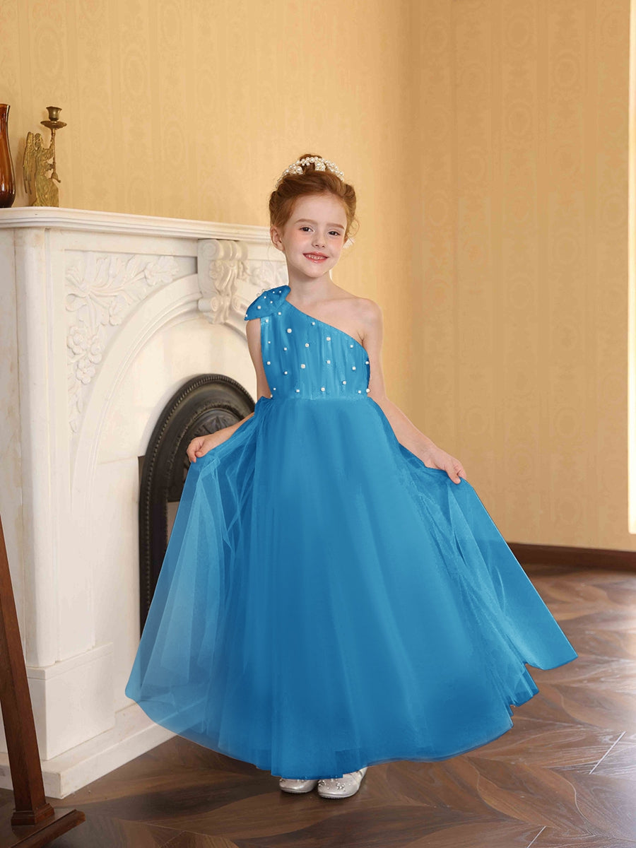 A-Line/Princess One-Shoulder Tulle Flower Girl Dresses with Pearls