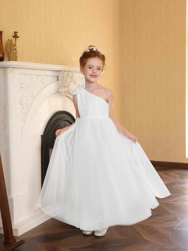 A-Line/Princess One-Shoulder Tulle Flower Girl Dresses with Pearls