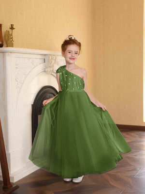 A-Line/Princess One-Shoulder Tulle Flower Girl Dresses with Pearls
