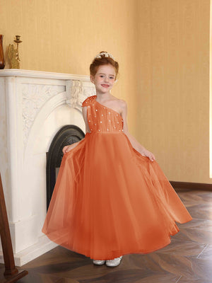 A-Line/Princess One-Shoulder Tulle Flower Girl Dresses with Pearls