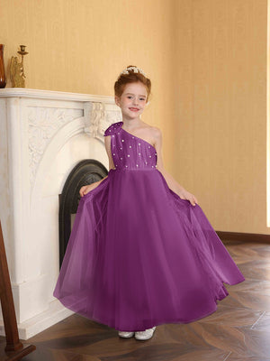 A-Line/Princess One-Shoulder Tulle Flower Girl Dresses with Pearls