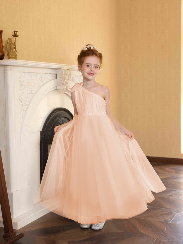 A-Line/Princess One-Shoulder Tulle Flower Girl Dresses with Pearls