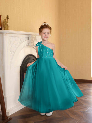 A-Line/Princess One-Shoulder Tulle Flower Girl Dresses with Pearls