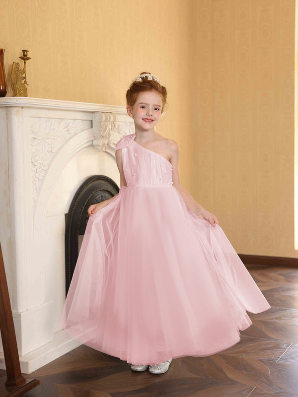 A-Line/Princess One-Shoulder Tulle Flower Girl Dresses with Pearls