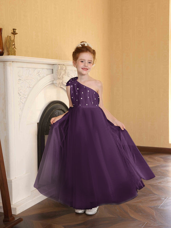 A-Line/Princess One-Shoulder Tulle Flower Girl Dresses with Pearls