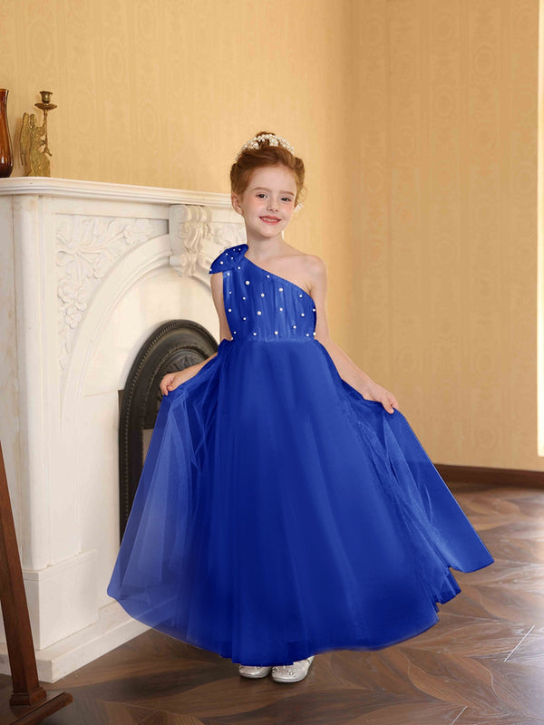 A-Line/Princess One-Shoulder Tulle Flower Girl Dresses with Pearls