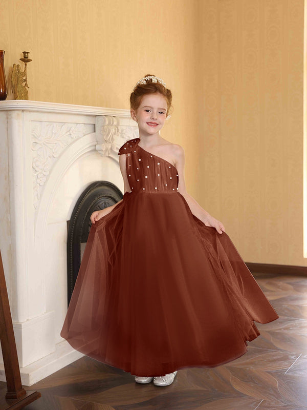A-Line/Princess One-Shoulder Tulle Flower Girl Dresses with Pearls