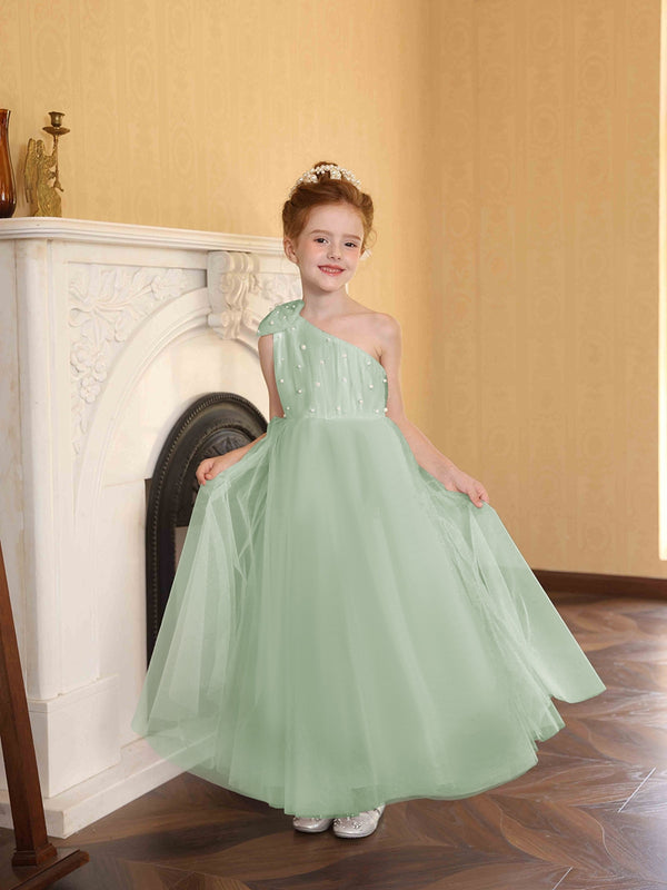 A-Line/Princess One-Shoulder Tulle Flower Girl Dresses with Pearls