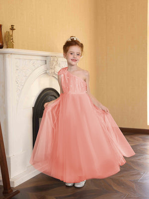A-Line/Princess One-Shoulder Tulle Flower Girl Dresses with Pearls