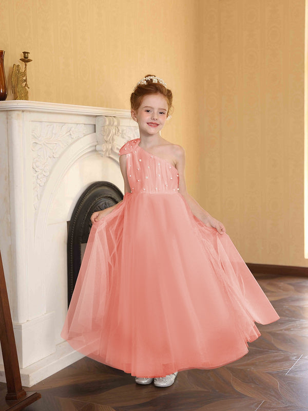 A-Line/Princess One-Shoulder Tulle Flower Girl Dresses with Pearls