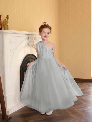 A-Line/Princess One-Shoulder Tulle Flower Girl Dresses with Pearls