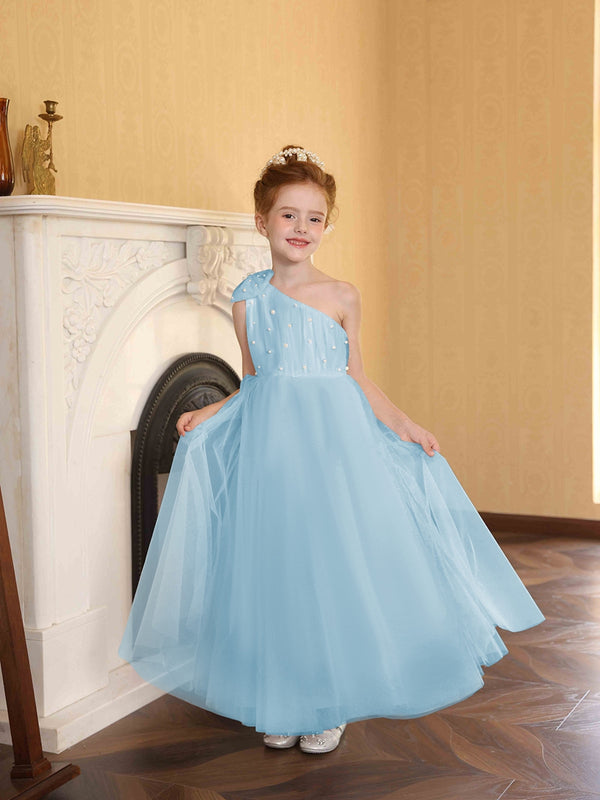 A-Line/Princess One-Shoulder Tulle Flower Girl Dresses with Pearls