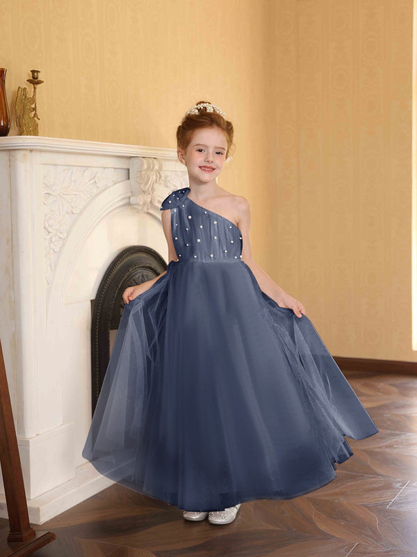 A-Line/Princess One-Shoulder Tulle Flower Girl Dresses with Pearls