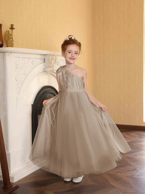 A-Line/Princess One-Shoulder Tulle Flower Girl Dresses with Pearls