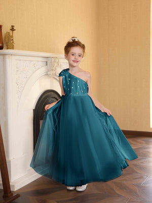A-Line/Princess One-Shoulder Tulle Flower Girl Dresses with Pearls