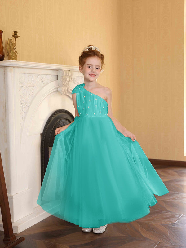 A-Line/Princess One-Shoulder Tulle Flower Girl Dresses with Pearls