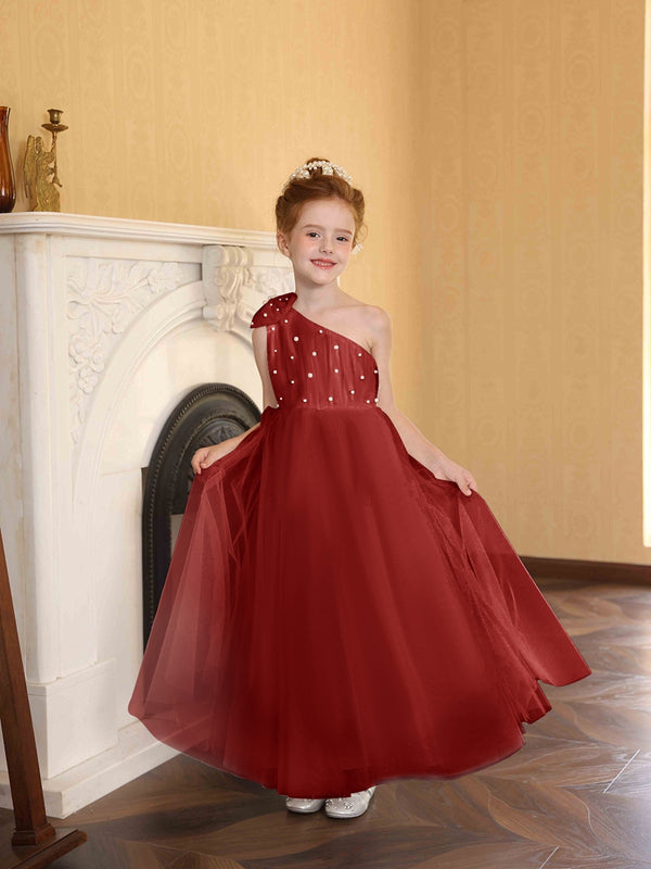 A-Line/Princess One-Shoulder Tulle Flower Girl Dresses with Pearls
