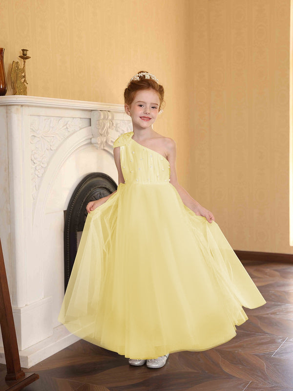 A-Line/Princess One-Shoulder Tulle Flower Girl Dresses with Pearls