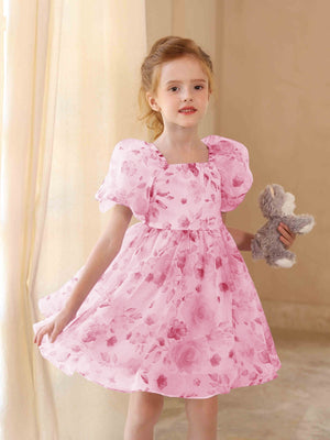 A-Line/Princess Square Neck Printed Floral Flower Girl Dresses with Puff Sleeves