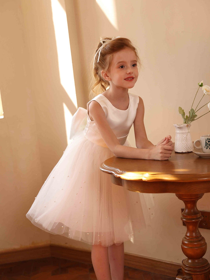 A-Line/Princess Crew Neck Sleeveless Tulle Flower Girl Dresses with Pearls