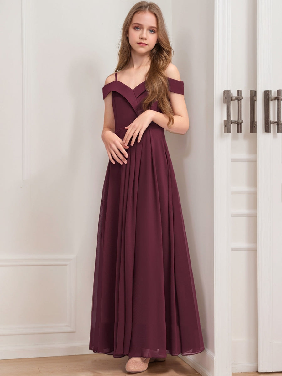 Lavetir Cabernet A-Line/Princess Cold Shoulder Short Sleeves Pleats Junior Bridesmaid Dresses 2026