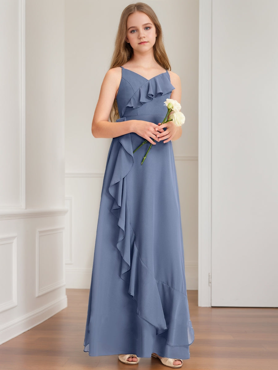 Lavetir Slate Blue A-Line/Princess V-Neck Sleeveless Ruffles Junior Bridesmaid Dresses 2026