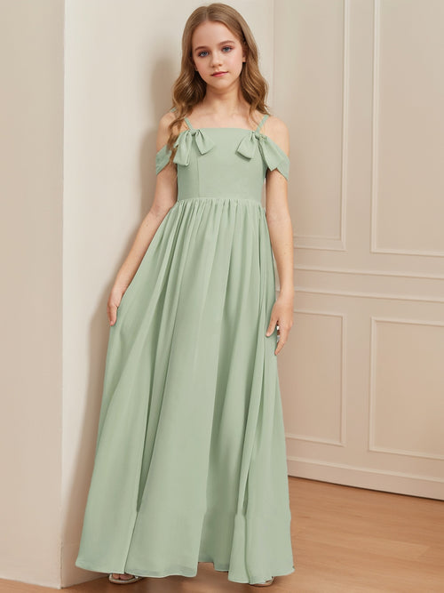 A-Line/Princess Cold Shoulder Short Sleeves Ruched Junior Bridesmaid Dresses