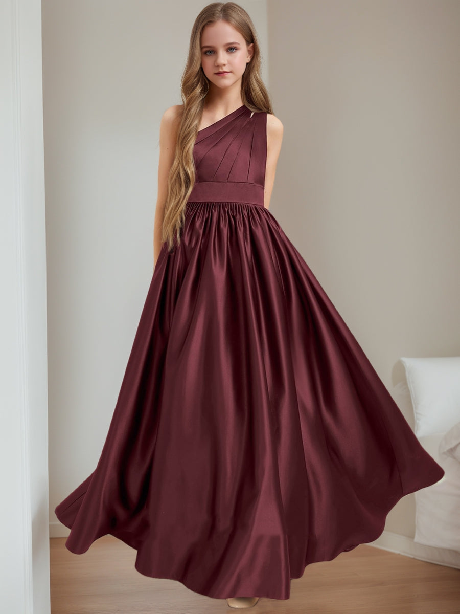 Lavetir Cabernet A-Line/Princess One-Shoulder Sleeveless Pleats Junior Bridesmaid Dresses 2026