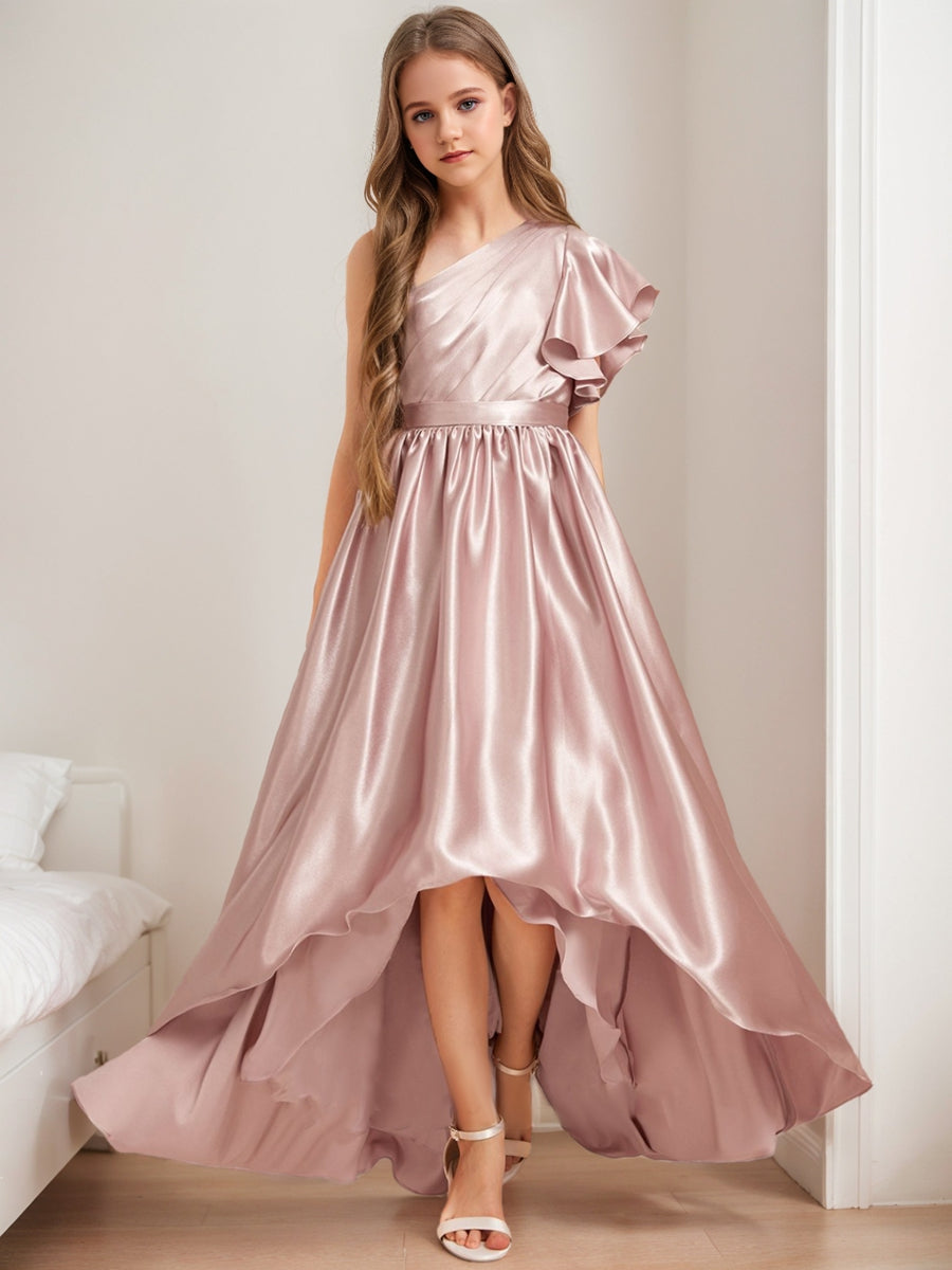 Lavetir Dusty Rose A-Line/Princess One-Shoulder Asymmetrical Pleats Junior Bridesmaid Dresses 2026