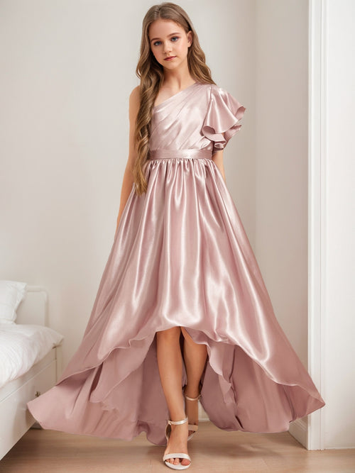 a line junior bridesmaid dress A-Line Square Neck Chiffon Junior Bridesmaid Dresses with Flutter Slee