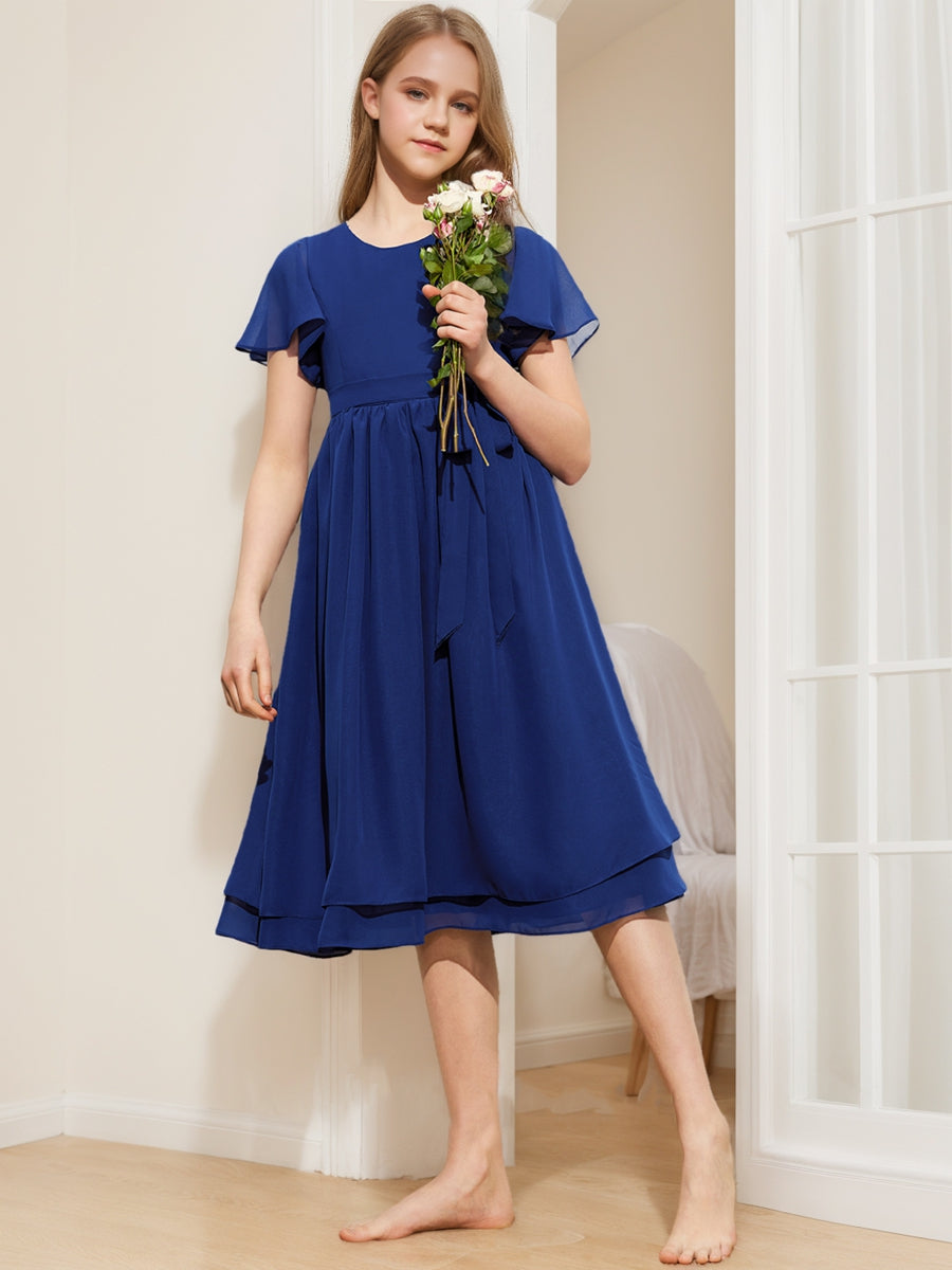 Lavetir A-Line/Princess Scoop Short Sleeves Belt Junior Bridesmaid Dresses 2026
