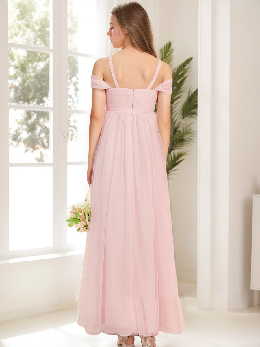 Lavetir Blush Pink A-Line/Princess Cold Shoulder Short Sleeves Ruched Junior Bridesmaid Dresses 2026