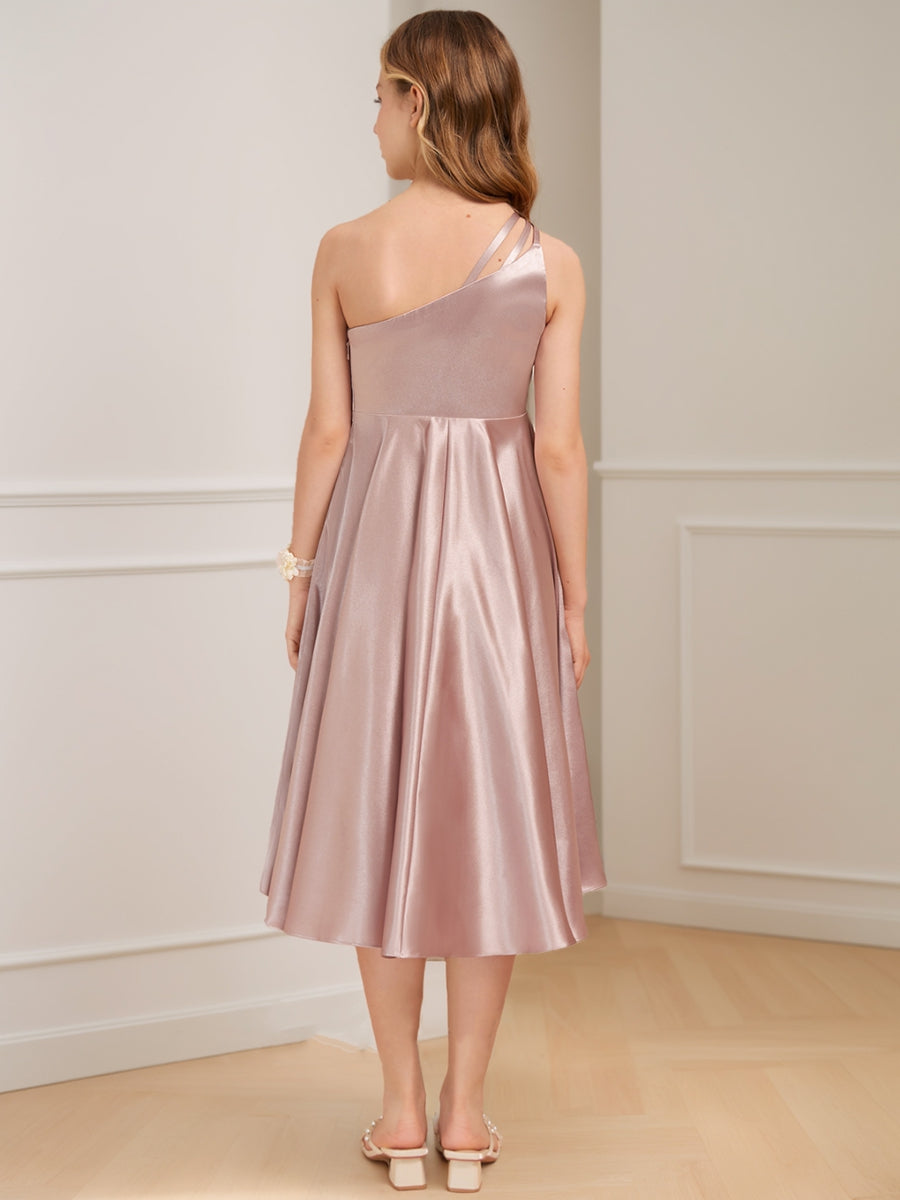 Lavetir Dusty Rose A-Line/Princess One-Shoulder Sleeveless Ruched Junior Bridesmaid Dresses 2026
