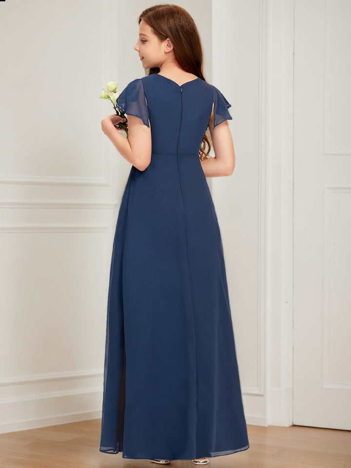 A-Line/Princess Scoop Short Sleeves Sash Junior Bridesmaid Dresses