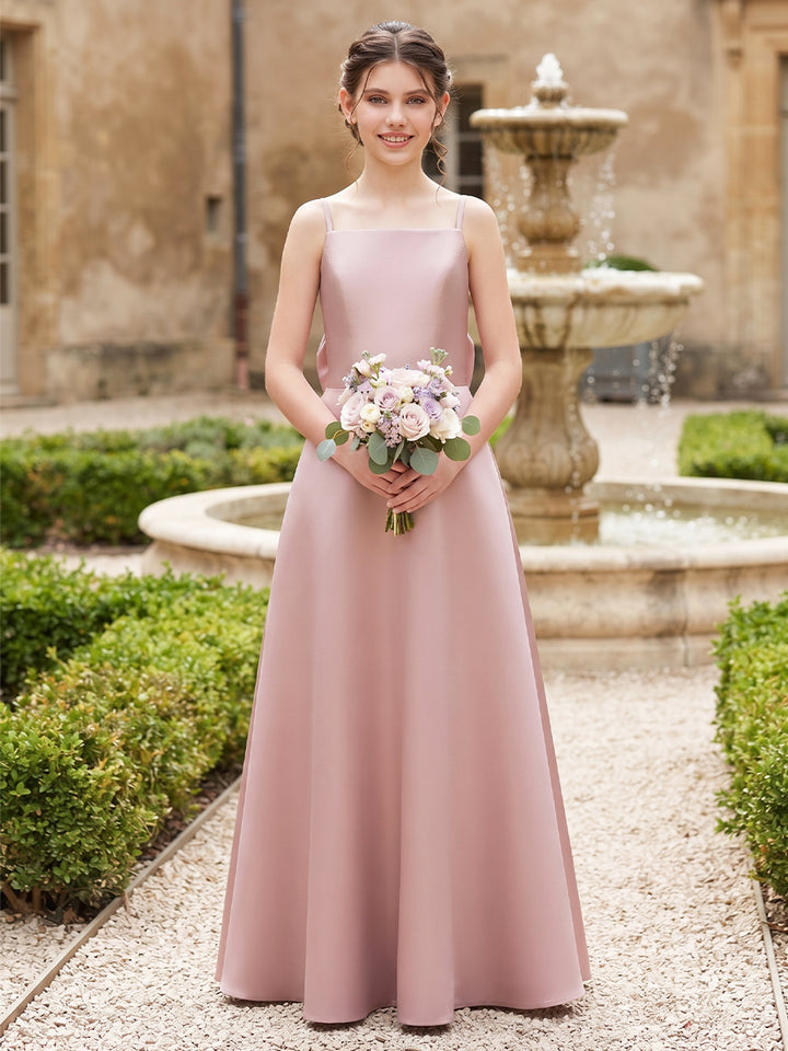 A-Line/Princess  Spaghetti Straps  Sleeveless  Satin  Floor-Length  Junior Bridesmaid Dresses  with Bowknot