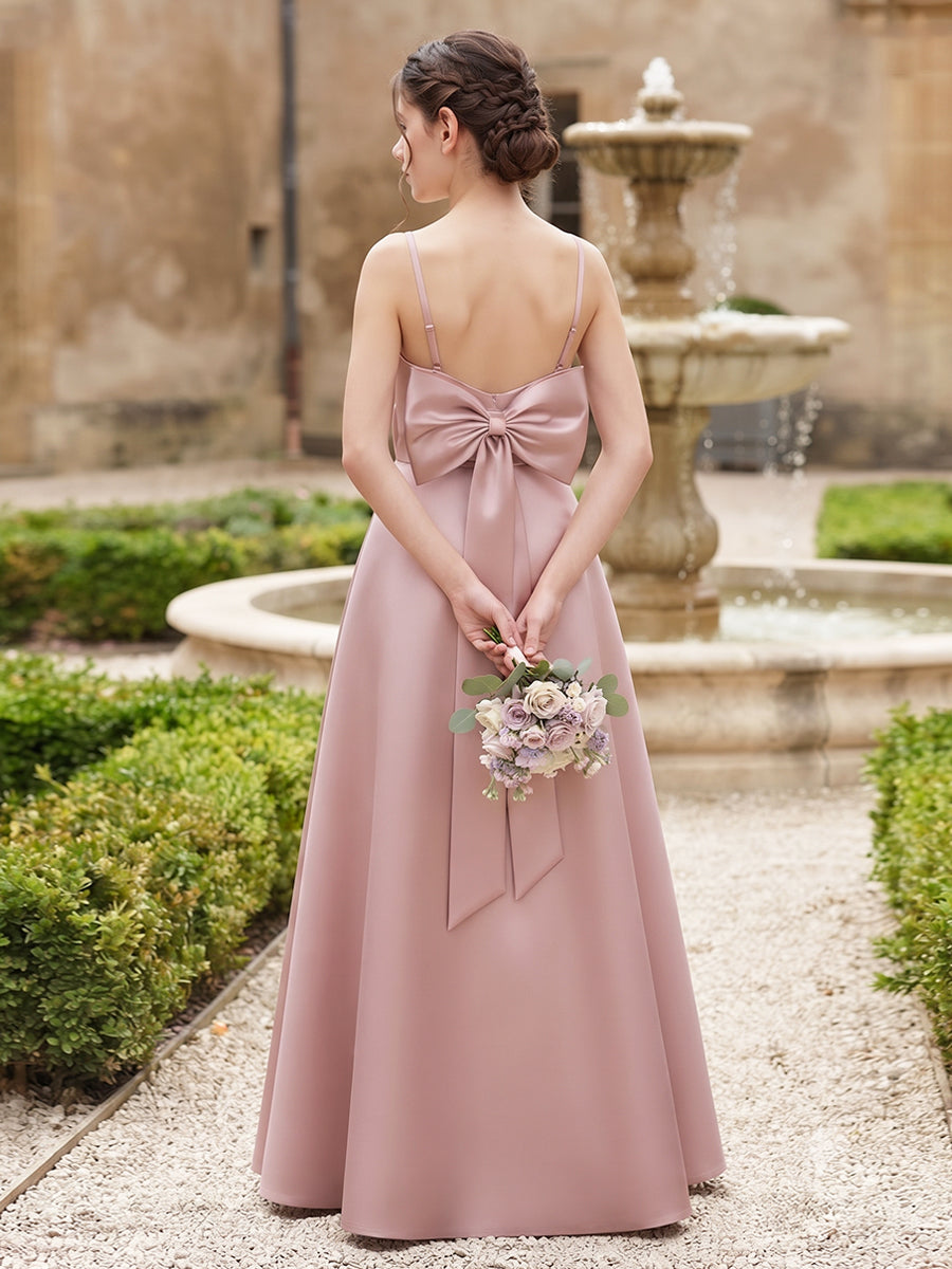 A-Line/Princess  Spaghetti Straps  Sleeveless  Satin  Floor-Length  Junior Bridesmaid Dresses  with Bowknot