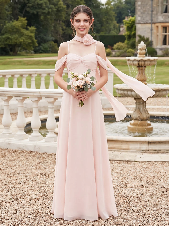 A-Line/Princess  Cold Neck Sleeveless  Chiffon  Floor-Length  Junior Bridesmaid Dresses  with 3D Flower