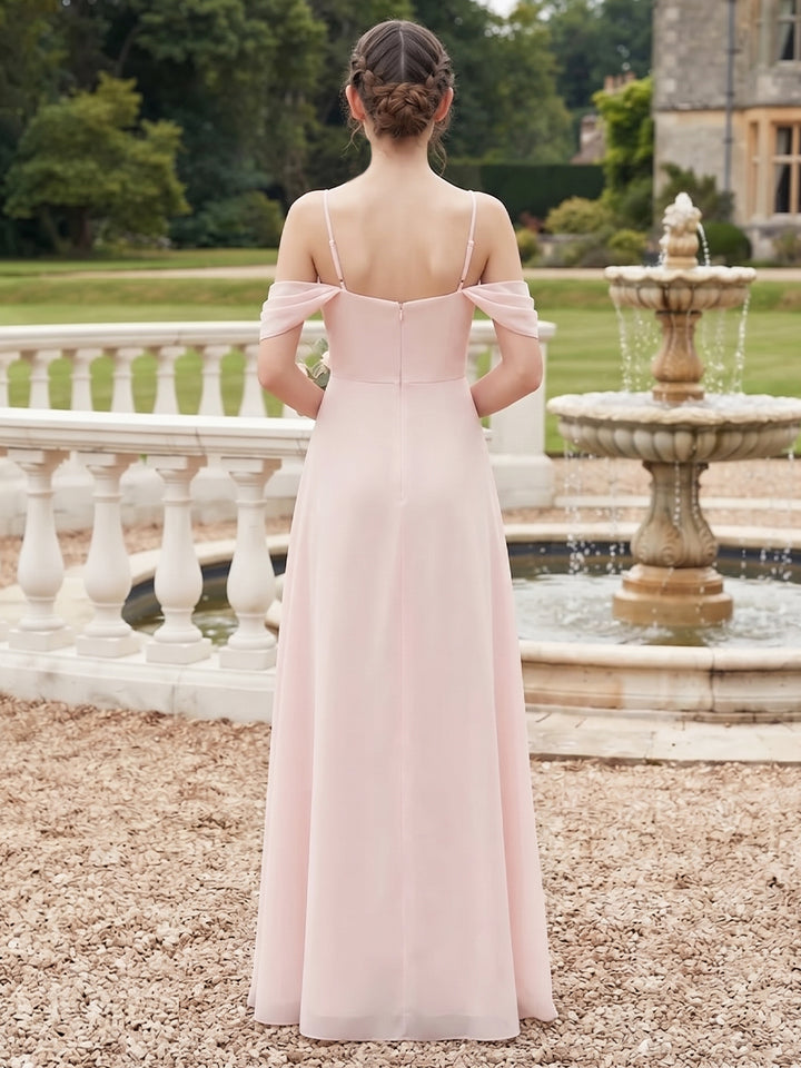 A-Line/Princess  Cold Neck Sleeveless  Chiffon  Floor-Length  Junior Bridesmaid Dresses  with 3D Flower