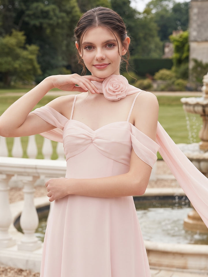 A-Line/Princess  Cold Neck Sleeveless  Chiffon  Floor-Length  Junior Bridesmaid Dresses  with 3D Flower