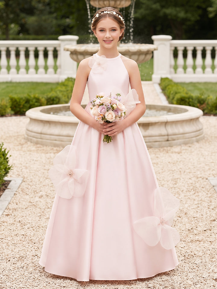 A-Line/Princess  Crew Neck Sleeveless  Satin  Floor-Length  Junior Bridesmaid Dresses  with 3D Flower