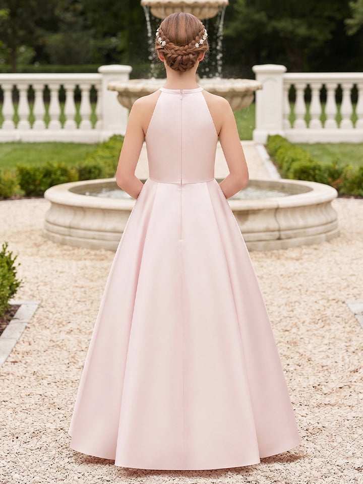 A-Line/Princess  Crew Neck Sleeveless  Satin  Floor-Length  Junior Bridesmaid Dresses  with 3D Flower