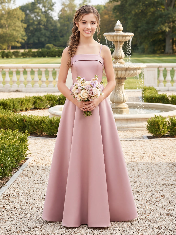 A-Line/Princess  Spaghetti Straps  Sleeveless  Silk Satin  Floor-Length  Junior Bridesmaid Dresses  with Bowknot
